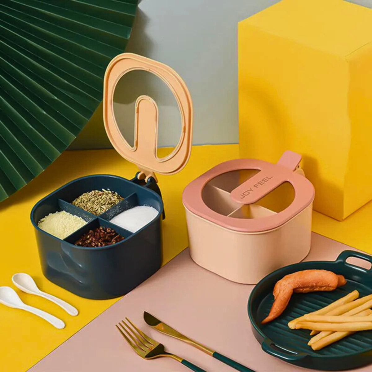 4-Grid Masala Spice Box with Spoon