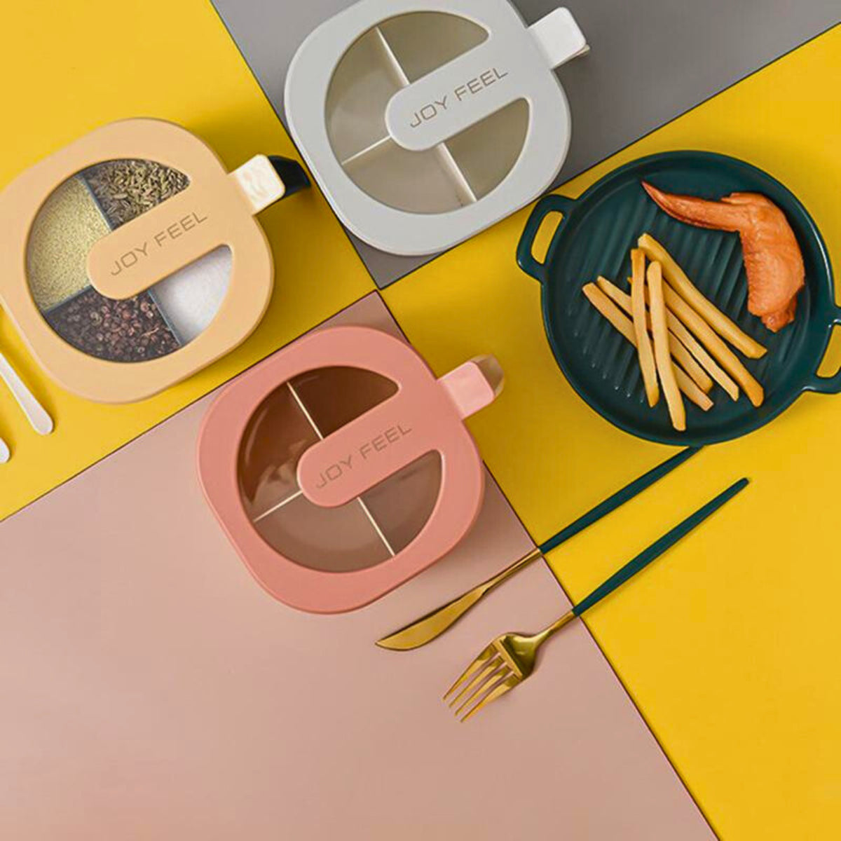 4-Grid Masala Spice Box with Spoon