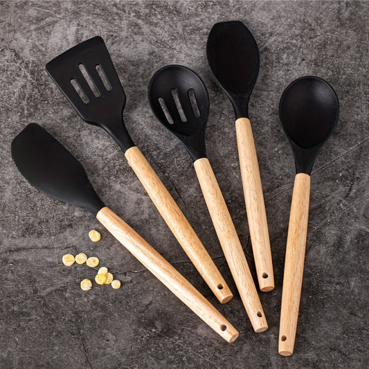 5pcs Silicone Kitchen Utensil Set with Wooden Handles – Non-Stick, Food-Safe, Easy to Clean, Modern Cooking Tools & Essential Kitchen Accessories
