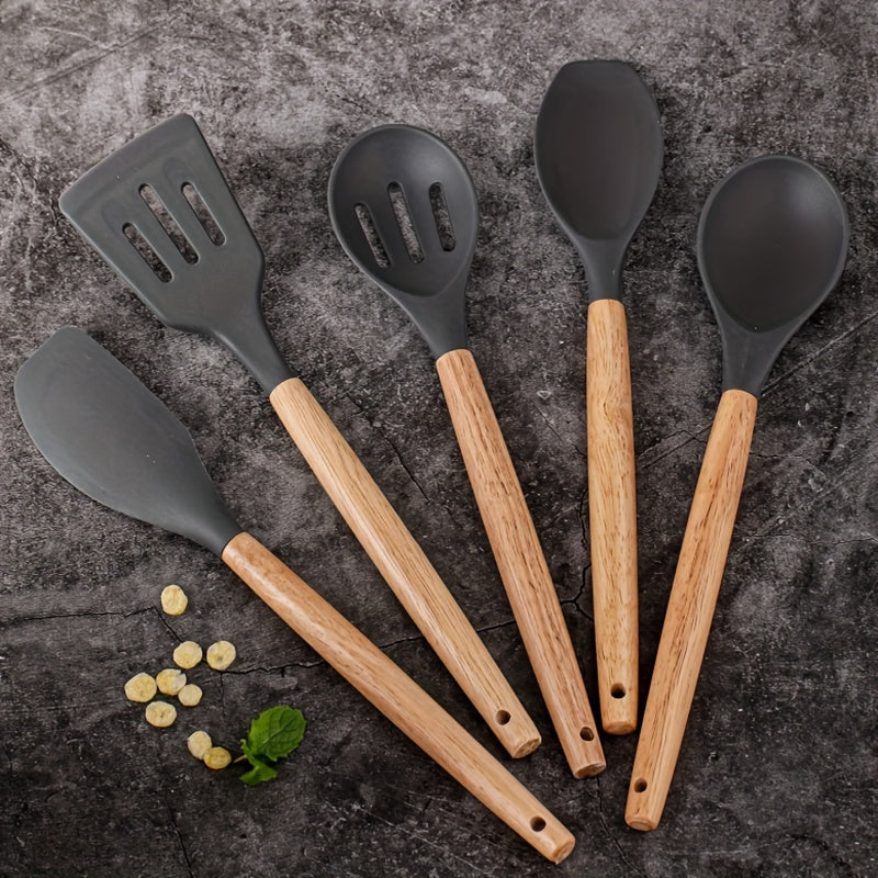 5pcs Silicone Kitchen Utensil Set with Wooden Handles – Non-Stick, Food-Safe, Easy to Clean, Modern Cooking Tools & Essential Kitchen Accessories
