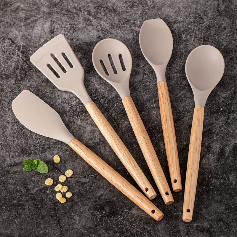 5pcs Silicone Kitchen Utensil Set with Wooden Handles – Non-Stick, Food-Safe, Easy to Clean, Modern Cooking Tools & Essential Kitchen Accessories
